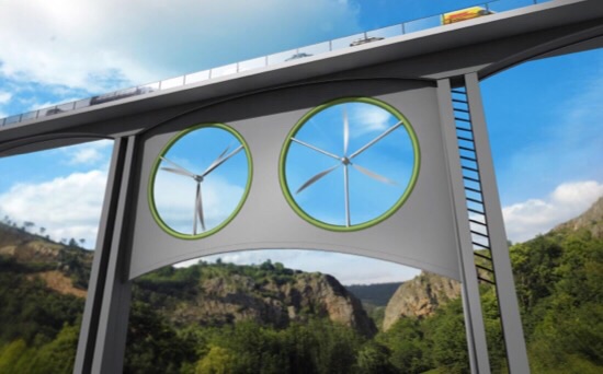 CAPTION This is an illustration of two identical wind turbines installed in a viaduct. CREDIT José Antonio Peñas (Sinc)