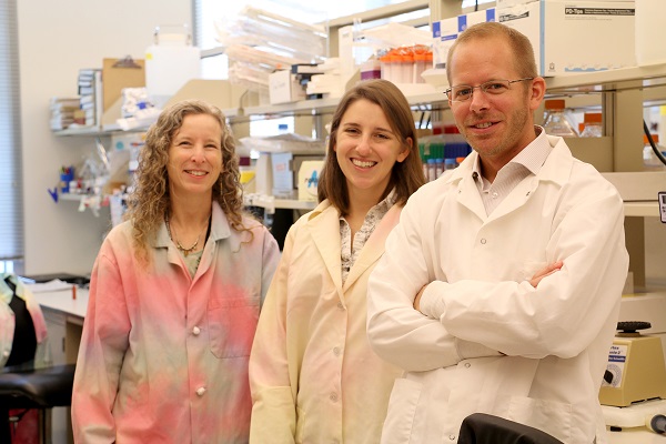 The technology commercialized by Symic Biomedical was developed at the Purdue University Weldon School of Biomedical Engineering. From left are Alyssa Panitch, the Leslie A. Geddes Professor of Biomedical Engineering at Purdue and a founder and scientific advisory board member of Symic; Kate Stewart, co-founder and director of preclinical development for Symic; and John Paderi, co-founder and director of research and development for Symic. Symic Biomedical licenses Purdue intellectual property that is protected with a patent from the U.S. Patent and Trademark Office. Purdue University ranked 16th in the world in granted U.S. patents in 2014. 