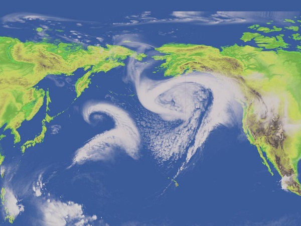 The Pacific storm track, seen here in a simulation by NOAA, affects weather and climate around the world. Image courtesy of Geophysical Fluid Dynamics Laboratory.