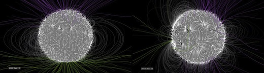 CAPTION (Illustration) This comparison shows the relative complexity of the solar magnetic field between January 2011 (left) and July 2014. In January 2011, three years after solar minimum, the field is still relatively simple, with open field lines concentrated near the poles. At solar maximum, in July 2014, the structure is much more complex, with closed and open field lines poking out all over - ideal conditions for solar explosions.