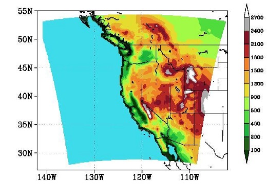 CAPTION The elevation of areas of the American West that were part of recent climate modeling as part of the Weather@Home Program.
