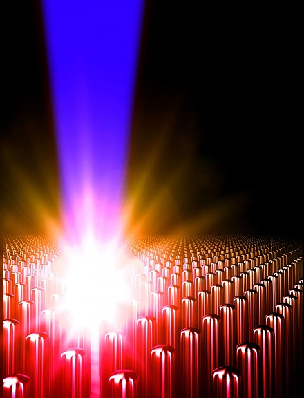 CAPTION Representation of the creation of ultra-high energy density matter by an intense laser pulse irradiation of an array of aligned nanowires. CREDIT R. Hollinger and A. Beardall