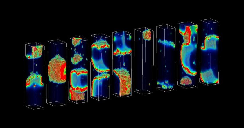 CAPTION 3-D heart cell simulations exhibiting propagating waves of spontaneous calcium release that can trigger rare, deadly arrhythmias. CREDIT Walker et al.
