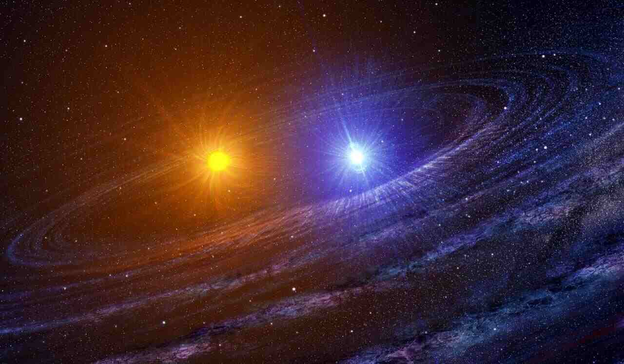 Artistic image of a binary system of a red giant star and a younger companion that can merge to produce a blue supergiant. Credit: Casey Reed, NASA
