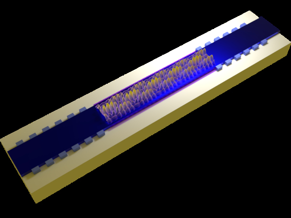 A visualization of a cascaded-mode resonator, where a supermode resonance is created by reflecting the light back in a different mode at each reflection. (Photo credit: Capasso Lab, Harvard SEAS)