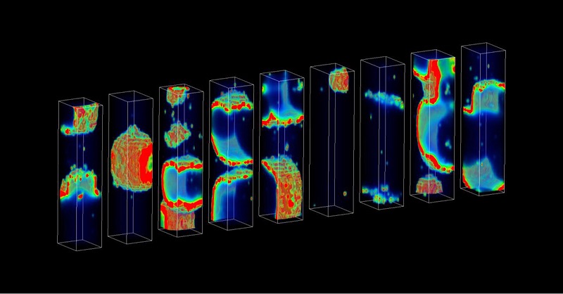 Each rectangular structure represents a heart cell in the supercomputer model. The color bursts depict propagating waves of calcium. Each cell is identical but exhibits a distinct pattern of calcium waves due to random ion channel gating. The team investigated how this randomness gives rise to sudden unpredictable heart arrhythmia. CREDIT PLOS Computational Biology/Mark A. Walker
