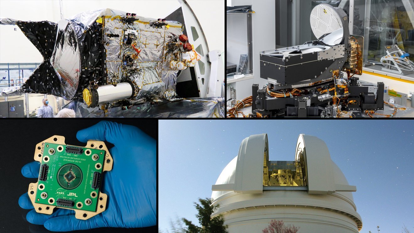 NASA’s DSOC is composed of a flight laser transceiver attached to Psyche and a ground system that will send and receive laser signals. Clockwise from top left: the Psyche spacecraft with DSOC attached, flight laser transceiver, downlink ground station at Palomar, and downlink detector.