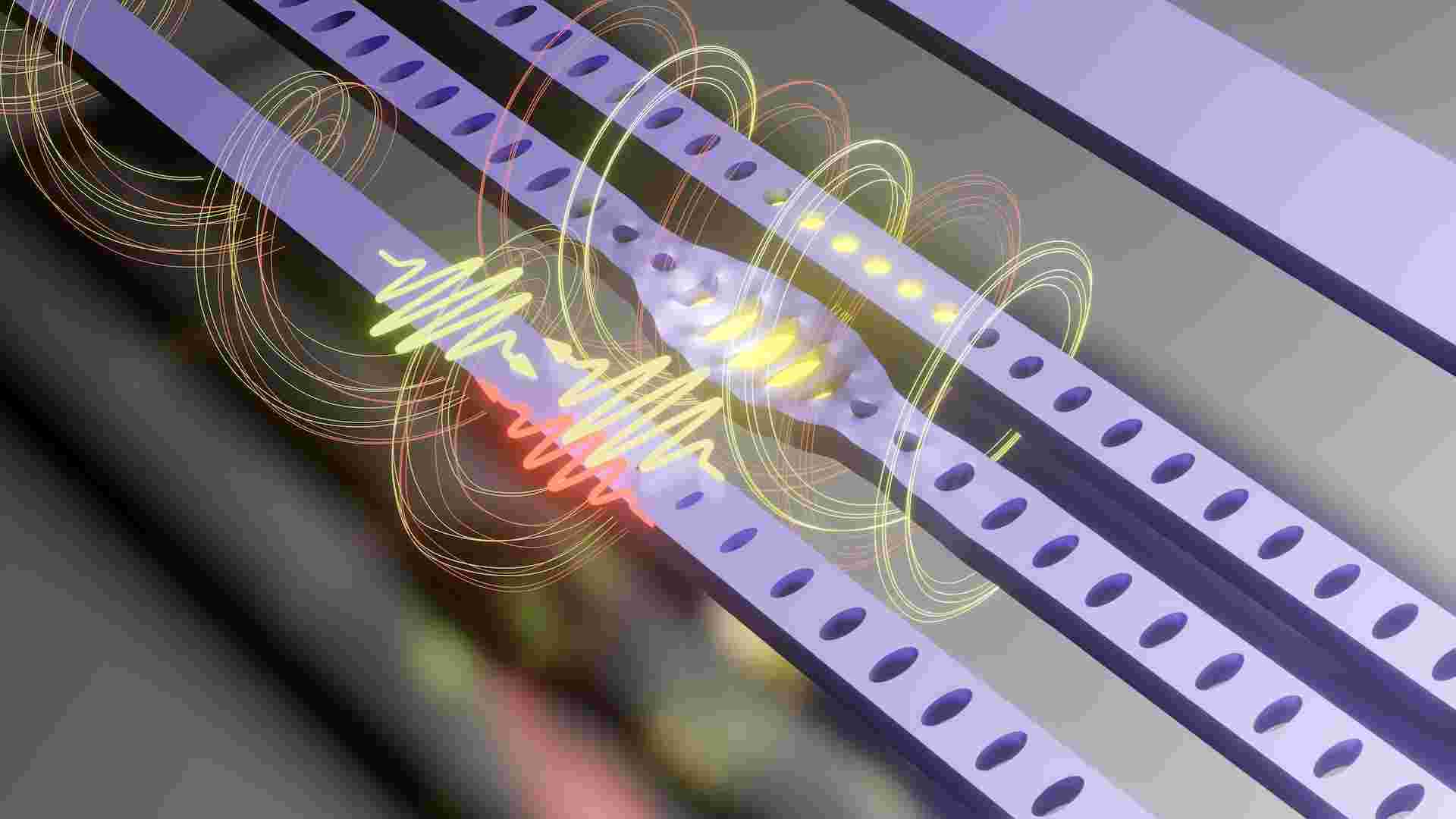 Illustration of light scattering inside cavity directly to waveguide through interaction between optical and mechanical domains (Image: André Garcia Primo/UNICAMP)