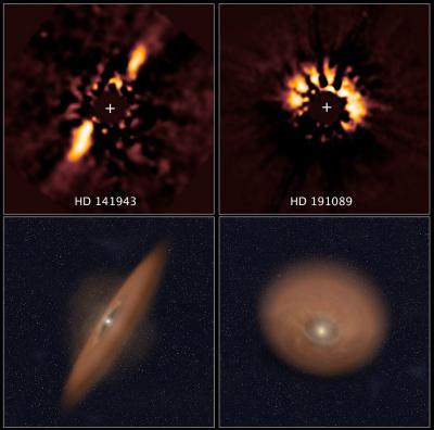 The two images at top reveal debris disks around young stars uncovered in archival images taken by NASA's Hubble Space Telescope. The illustration beneath each image depicts the orientation of the debris disks.  Credit: NASA/ESA, R. Soummer, Ann Feild (STScI)