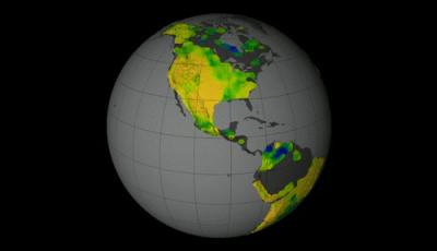 This visualization shows soil moisture measurements taken by NASA's Aquarius instrument. Here, soil moisture in the top 2 inches of the land is visible.  Credit: NASA Goddard's Science Visualization Studio/T. Schindler