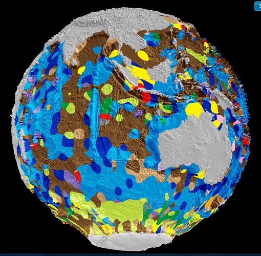 CAPTION This is a still shot of the world's first digital map of the seafloor's geology. CREDIT EarthByte Group, School of Geosciences, University of Sydney, Sydney, NSW 2006, Australia National ICT Australia (NICTA), Australian Technology Park, Eveleigh, NSW 2015, Australia