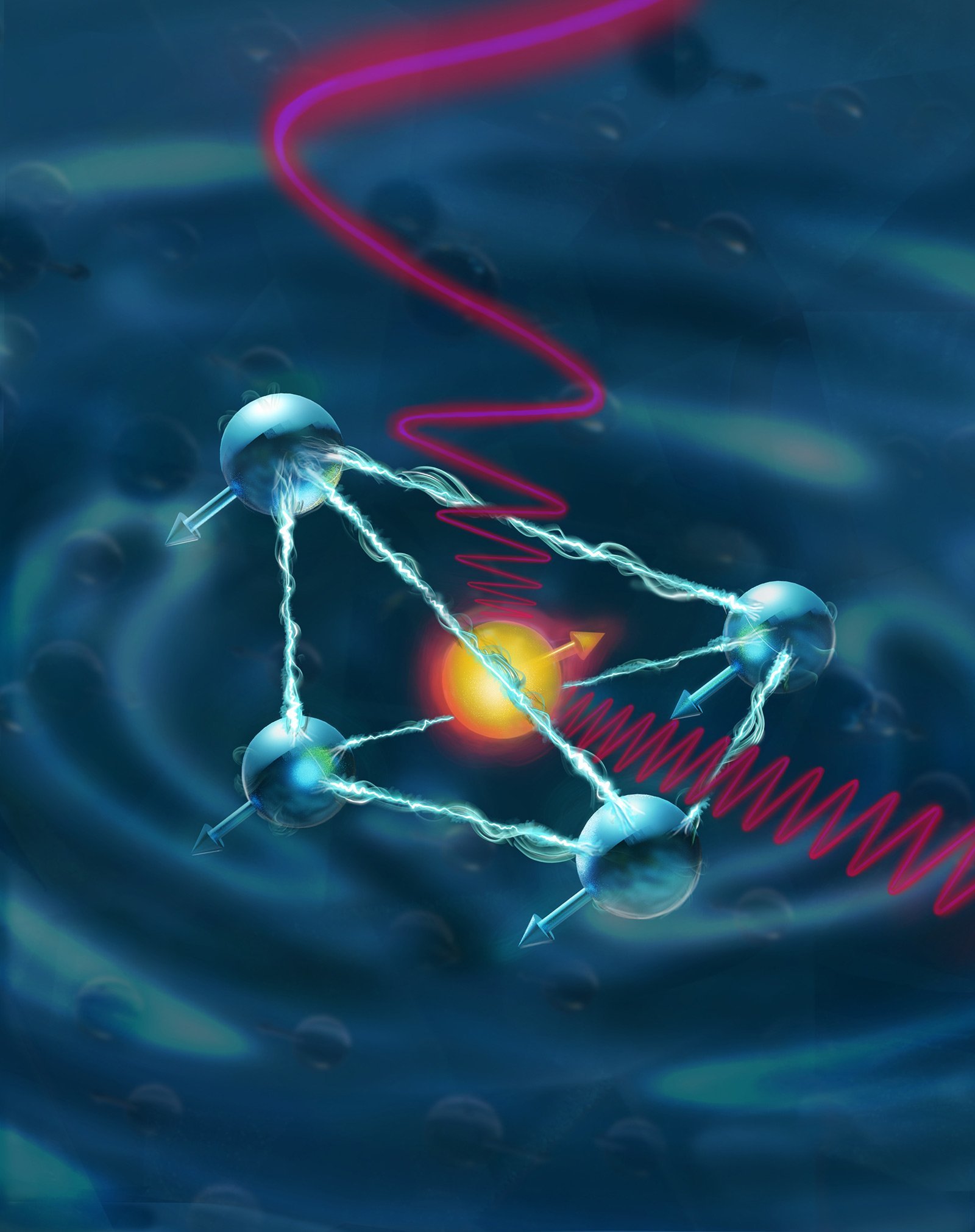 Artist's illustration depicts the quantum spin of an ytterbium ion with the surrounding yttrium orthovanadate crystal. The spin states of the atoms can be used as a processing unit (like transistors on a computer chip). By using the ytterbium to control four vanadium atoms simultaneously, the engineers were able to realize a 2-qubit processor, an important building block in the development of quantum computers and quantum networks.  (Credit: MAAYAN VISUALS)