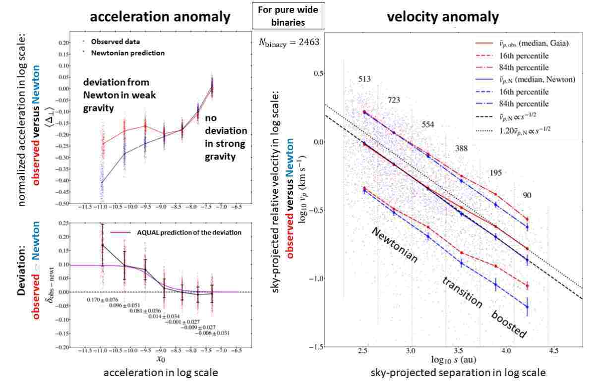 Figure 1 displays the observed gravitational anomaly from 2,463 pure wide binaries that are free of hidden additional companions. The left panel shows the anomaly that was derived from the algorithm calculating kinematic acceleration, while the right panel shows the anomaly directly from the observed sky-projected relative velocities between the two stars with respect to the sky-projected separations.
