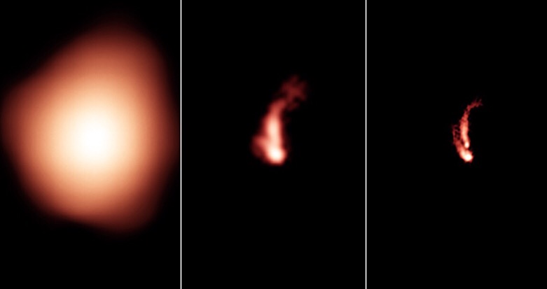 The new VLA Sky Survey (VLASS) sharpens the view. Here is the same radio-emitting object as seen, from left to right, with the NRAO VLA Sky Survey (NVSS), the FIRST Survey, and the VLASS. The VLASS image, unlike the others, allows astronomers to positively identify the image as jets of material propelled outward from the center of a galaxy that also is seen in the visible-light Sloan Digital Sky Survey. Technical data: NVSS image at 1.4 GHz in VLA's D configuration; FIRST image at 1.4 GHz in B configuration; VLASS image at 3 GHz in B configuration. Credit: Bill Saxton, NRAO/AUI/NSF.