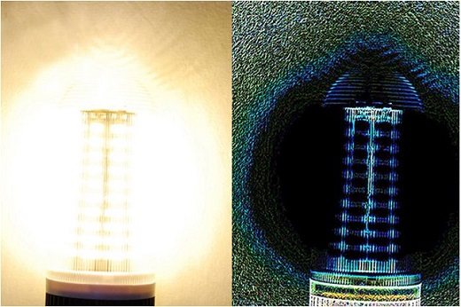 An LED light (left) and an image of the same light produced using the Phase Stretch Transform-based algorithm.