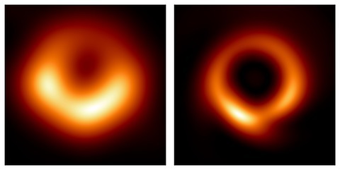 Medeiros et al. 2023 M87 supermassive black hole originally imaged by the EHT collaboration in 2019 (left); and new image generated by the PRIMO algorithm using the same data set (right)