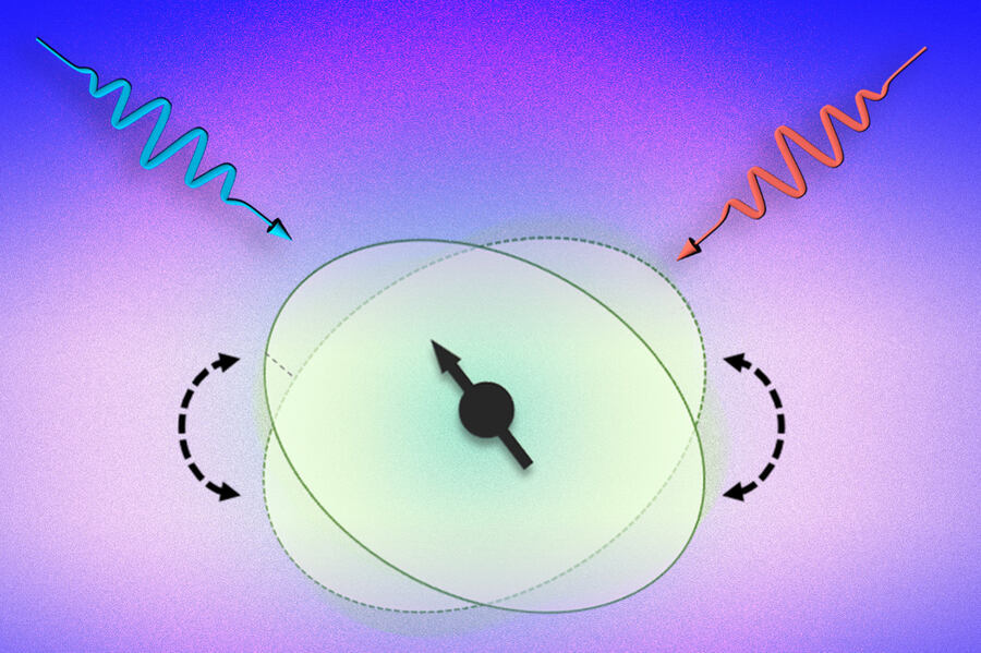 Caption:Diagram illustrates the way two laser beams of slightly different wavelengths can affect the electric fields surrounding an atomic nucleus, pushing against this field in a way that nudges the spin of the nucleus in a particular direction, as indicated by the arrow. Credits:Credit: Courtesy of the researchers