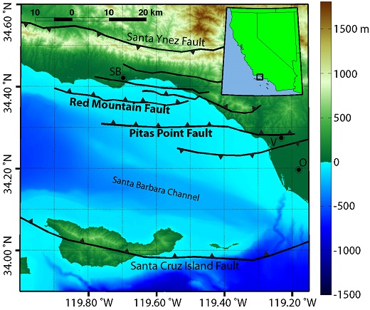 Topographic/bathymetric map of onshore/offshore Southern California, with height and depth in meters. The Red Mountain and Pitas Point faults are considered in this study. Triangles indicate direction of dip; faults without triangles are considered strike-slip. Letters show approximate (central) city locations: SB = Santa Barbara; V = Ventura; O = Oxnard. Inset shows the map boundary in black. IMAGE CREDIT: KENNY RYAN, UC RIVERSIDE.