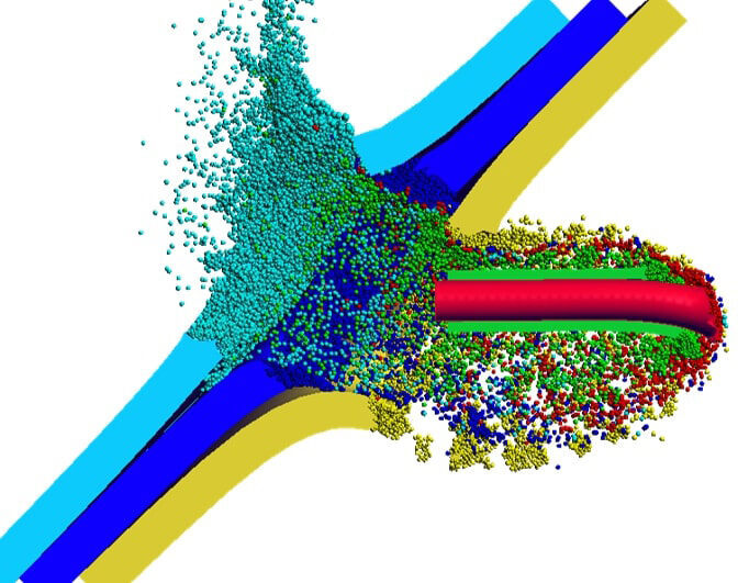SwRI has been developing and maintaining the Elastic-Plastic Impact Computations (EPIC) Dynamic Finite Element computational tool since 2007. This tool has proven to be very cost-effective in supporting the design of more effective armor and warheads. The image above depicts a simulation of an impact using EPIC. As part of an Other Transaction Prototype Agreement with the U.S. Army Corps of Engineers, SwRI will continue to advance EPIC.