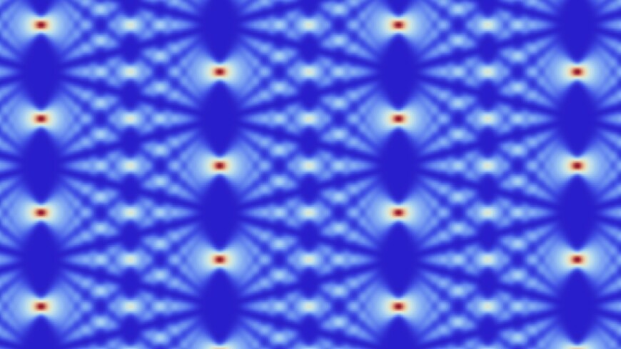 The Talbot effect forms periodic patterns from laser light (simulation). Single atom qubits can be stored and processed at the high intensity points (red).
