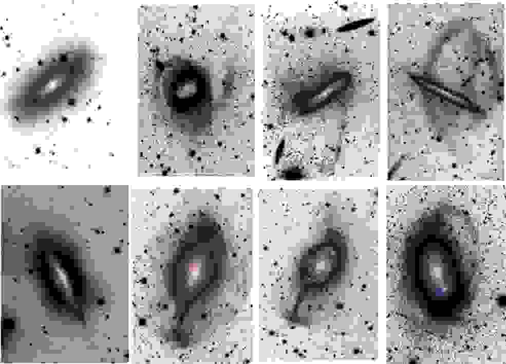 Astronomers use a special technique to find stellar streams. They reverse the light and dark tones of images, similar to negative images, but stretch them to highlight the faint streams. Color images of nearby galaxies are scaled and superposed to emphasize the visible disk. These galaxies are surrounded by massive halos of hot gas containing sporadic stars, which are seen as the shadowy areas around each galaxy. NASA's upcoming Nancy Grace Roman Space Telescope is expected to improve these observations by resolving individual stars, allowing for a better understanding of each stream's stellar populations and the ability to spot stellar streams of various sizes in more galaxies. Credit: Carlin et al. (2016), based on images from Martínez-Delgado et al. (2008, 2010)