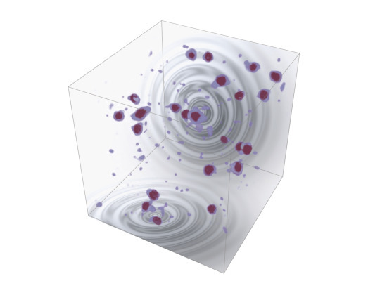Schematic of the inflaton field fragmented into oscillons, with superimposed gravitational waves. (Credit: Kavli IPMU, Volodymyr Takhistov)