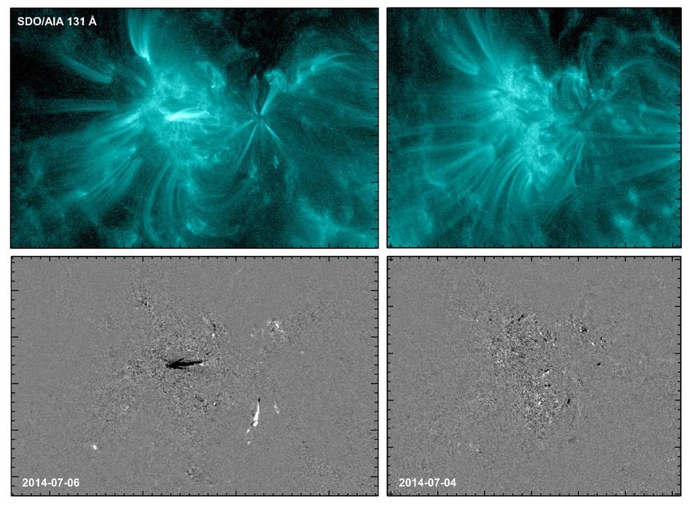 Two images of a solar active region (NOAA AR 2109) taken by SDO/AIA show extreme-ultraviolet light produced by million-degree-hot coronal gas (top images) on the day before the region flared (left) and the day before it stayed quiet and did not flare (right). The changes in brightness (bottom images) at these two times show different patterns, with patches of intense variation (black & white areas) before the flare (bottom left) and mostly gray (indicating low variability) before the quiet period (bottom right). Credits: NASA/SDO/AIA/Dissauer et al. 2022