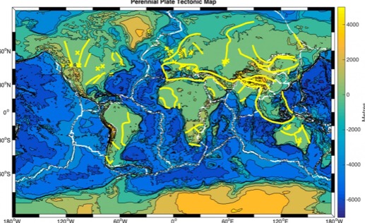 Fig. 1, below. A proposed perennial plate tectonic map. Present-day plate boundaries (white lines), with hidden ancient plate boundaries that may reactivate to control plate tectonics (yellow lines). Image credit: Russell Pysklywec, Philip Heron, Randell Stephenson. 