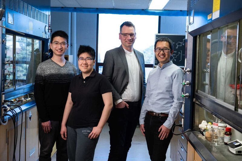 Di Wang (from left), Rui Zhang, Tim Cernak, and Yingfu Lin in the Cernak Lab at the Chemistry Building. Image credit: Austin Thomason, Michigan Photography