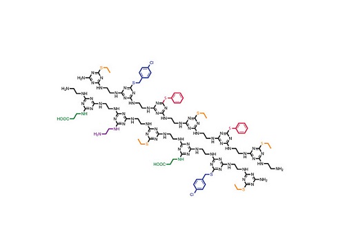 Plastic proteins: Unique sequences of side chains (in various colors) hang off the TZP-based backbone (black) in this inexpensive, easy-to-synthesize polymer system that mimics proteins in important ways.