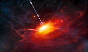 Michael Brotherton, a UW professor of astronomy, played a key role in a study, published in Nature Astronomy, that suggests a newly developed supercomputer model can more accurately explain the diversity of quasar broad emission line regions, which are the clouds of hot, ionized gas that surround the supermassive black holes feeding in the centers of galaxies. This artist’s impression shows how ULAS J1120+0641, a very distant quasar powered by a black hole with a mass 2 billion times that of the sun, may have looked. This quasar is the most distant yet found and is seen as it was just 770 million years after the Big Bang. (European Southern Observatory/M. Kornmesser Photo)