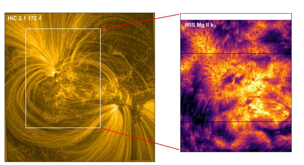 In this image provided by NASA’s High Resolution Coronal Imager sounding rocket, a small-scale structure on the Sun known as "moss" can be seen. Solar physicists refer to this patchy structure as moss and it appears in the lower part of the solar atmosphere around sunspot groups where magnetic activity is strong. The cooler roots of moss are shown in a detailed image from NASA’s Interface Region Imaging Spectrograph (IRIS) mission on the right. The credit for the image goes to NASA/Bose et al 2024.