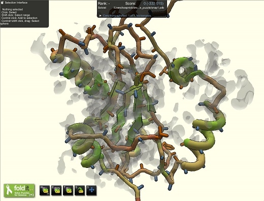 The Foldit puzzle-solving game, where groups compete online to fold the best protein. In a recent study, gamers beat scientists, college students and computer algorithms to see who could identify a particular protein’s shape. Image courtesy: Scott Horowitz