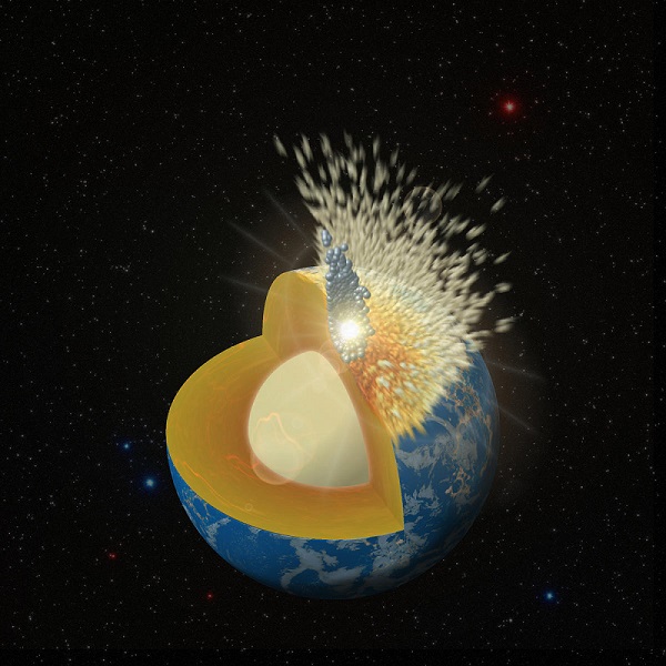 SwRI scientists modeled the protracted period of bombardment after the Moon formed, determining that impactor metals may have descended into Earth’s core. This artistic rendering illustrates a large impactor crashing into the young Earth. Light brown and gray particles indicate the projectile’s mantle (silicate) and core (metal) material, respectively.