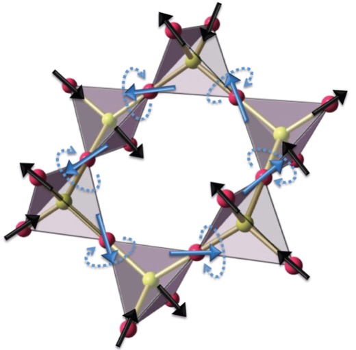 Figure 1: In spin ice crystals, the magnetic spins of electrons (black and blue arrows) make it difficult for the system to reach its lowest energy state. Quantum interactions can cause spins to flip and lead to ring-like, aligned arrangements of the spins (blue arrows).  © 2015 Shigeki Onoda, RIKEN Center for Emergent Matter Science