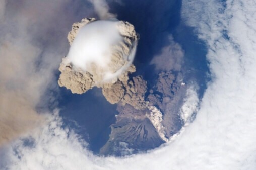 CAPTION This is a plume of ash from the Sarychev volcano in the Kuril islands, northeast of Japan. The picture was taken from the International Space Station during the early stage of the volcano's eruption on June 12, 2009. CAPTION This is a plume of ash from the Sarychev volcano in the Kuril islands, northeast of Japan. The picture was taken from the International Space Station during the early stage of the volcano's eruption on June 12, 2009.