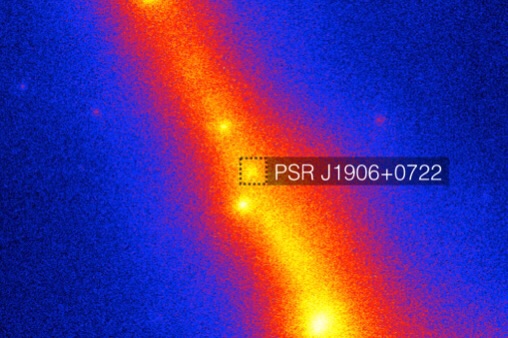 Fermi-LAT sky map with the celestial neighborhood of the newly discovered pulsar PSR J1906+0722 featuring several other gamma-ray pulsars (not labeled). The color scale shows the gamma-ray intensity. The dashed square at the centre encloses the position of the pulsar and the part of the sky shown in more detail in the figure below. © Knispel/AEI/NASA/DOE/Fermi LAT Collaboration Fermi-LAT sky map with the celestial neighborhood of the newly discovered pulsar PSR J1906+0722 featuring several other gamma-ray pulsars (not labeled). The color scale shows the gamma-ray intensity. The dashed square at the centre encloses the position of the pulsar and the part of the sky shown in more detail in the figure below. © Knispel/AEI/NASA/DOE/Fermi LAT Collaboration