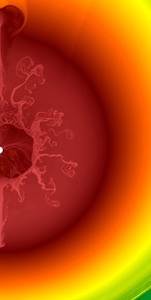 Figure 1: A simulation of supernova SN1987A suggests that lower-density material can form tendrils that push into the star’s outer layers as it explodes from the core (center left). Figure 1: A simulation of supernova SN1987A suggests that lower-density material can form tendrils that push into the star’s outer layers as it explodes from the core (center left).