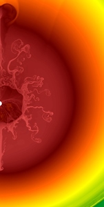 Figure 1: A simulation of supernova SN1987A suggests that lower-density material can form tendrils that push into the star’s outer layers as it explodes from the core (center left).