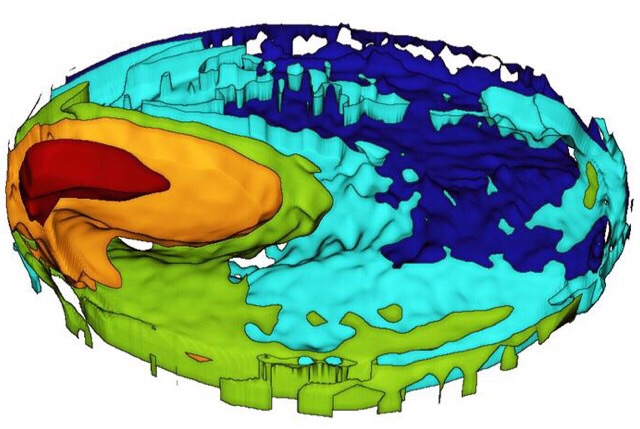 CAPTION A three-dimensional spatial structure of mixing in an idealized ocean simulation, computed using Lagrangian particle statistics.