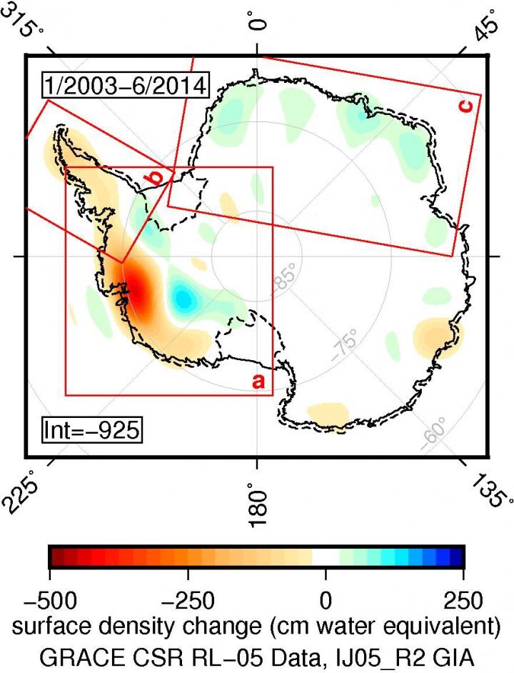 CAPTION Princeton University researchers "weighed" Antarctica's ice sheet using gravitational satellite data and found that from 2003 to 2014, the ice sheet lost 92 billion tons of ice per year. CREDIT Image by Christopher Harig, Department of Geosciences CAPTION Princeton University researchers "weighed" Antarctica's ice sheet using gravitational satellite data and found that from 2003 to 2014, the ice sheet lost 92 billion tons of ice per year. CREDIT Image by Christopher Harig, Department of Geosciences