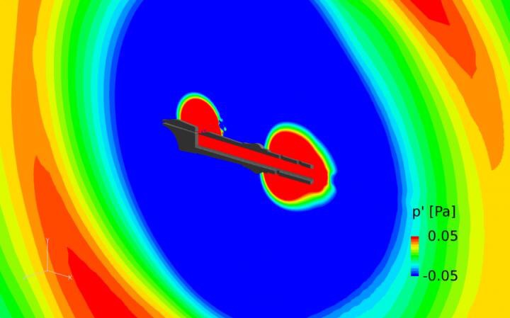 CAPTION This shows the contours of pressure fluctuation around recorder with opened tone holes. CAPTION This shows the contours of pressure fluctuation around recorder with opened tone holes.