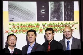 (From left) Jun Dai, postdoctoral researcher; Xiao Cheng Zeng, Ameritas University Professor of chemistry; Alexander Sinitskii, assistant professor of chemistry; and Alexey Lipatov, postdoctoral researcher. (Craig Chandler/University Communications) (From left) Jun Dai, postdoctoral researcher; Xiao Cheng Zeng, Ameritas University Professor of chemistry; Alexander Sinitskii, assistant professor of chemistry; and Alexey Lipatov, postdoctoral researcher. (Craig Chandler/University Communications)