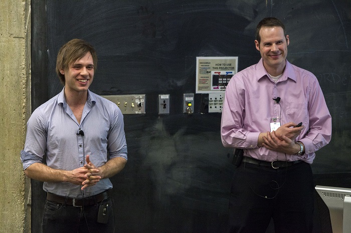 Matteo Cremonesi, left, of the University of Oxford and the CDF collaboration, and Reinhard Schwienhorst of Michigan State University and the DZero collaboration present the joint discovery at a forum at Fermilab on Friday, Feb. 21. The two collaborations have observed the production of single top quarks in the s-channel, as seen in data collected from the Tevatron. Matteo Cremonesi, left, of the University of Oxford and the CDF collaboration, and Reinhard Schwienhorst of Michigan State University and the DZero collaboration present the joint discovery at a forum at Fermilab on Friday, Feb. 21. The two collaborations have observed the production of single top quarks in the s-channel, as seen in data collected from the Tevatron.