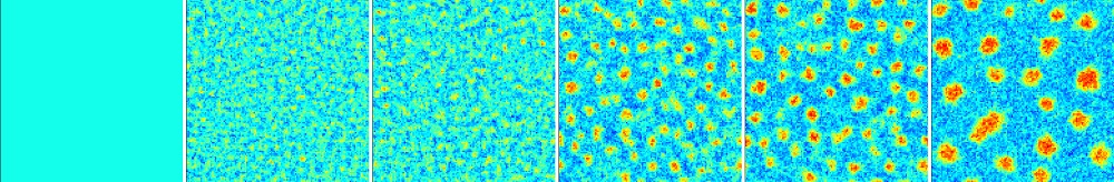 These images show spinodal decomposition (liquid and vapor components separating out spontaneously) in a near-critical Argon system from a homogeneous initial condition into droplets suspended in a majority vapor phase. These images show spinodal decomposition (liquid and vapor components separating out spontaneously) in a near-critical Argon system from a homogeneous initial condition into droplets suspended in a majority vapor phase.