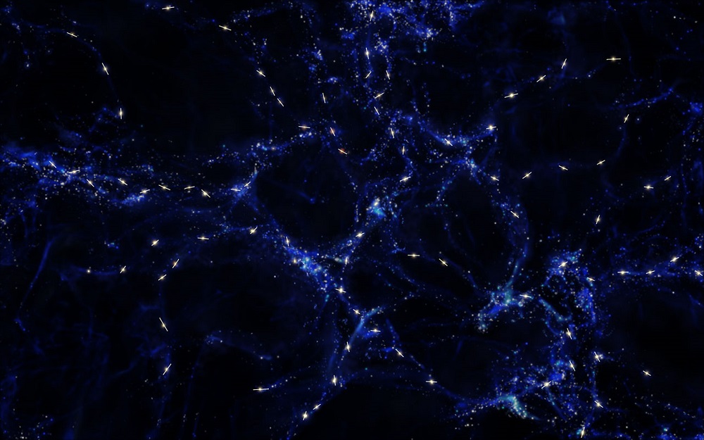 This artist's impression shows schematically the mysterious alignments between the spin axes of quasars and the large-scale structures that they inhabit that observations with ESO's Very Large Telescope have revealed. These alignments are over billions of light-years and are the largest known in the universe. The large-scale structure is shown in blue and quasars are marked in white with the rotation axes of their black holes indicated with a line. This picture is for illustration only and does not depict the real distribution of galaxies and quasars. Credit: ESO/M. Kornmesser This artist's impression shows schematically the mysterious alignments between the spin axes of quasars and the large-scale structures that they inhabit that observations with ESO's Very Large Telescope have revealed. These alignments are over billions of light-years and are the largest known in the universe. The large-scale structure is shown in blue and quasars are marked in white with the rotation axes of their black holes indicated with a line. This picture is for illustration only and does not depict the real distribution of galaxies and quasars. Credit: ESO/M. Kornmesser