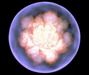 Three-dimensional simulation of a Type Ia supernova explosion (image: F. K. Röpke MPI for Astrophysics, Garching). Three-dimensional simulation of a Type Ia supernova explosion (image: F. K. Röpke MPI for Astrophysics, Garching).