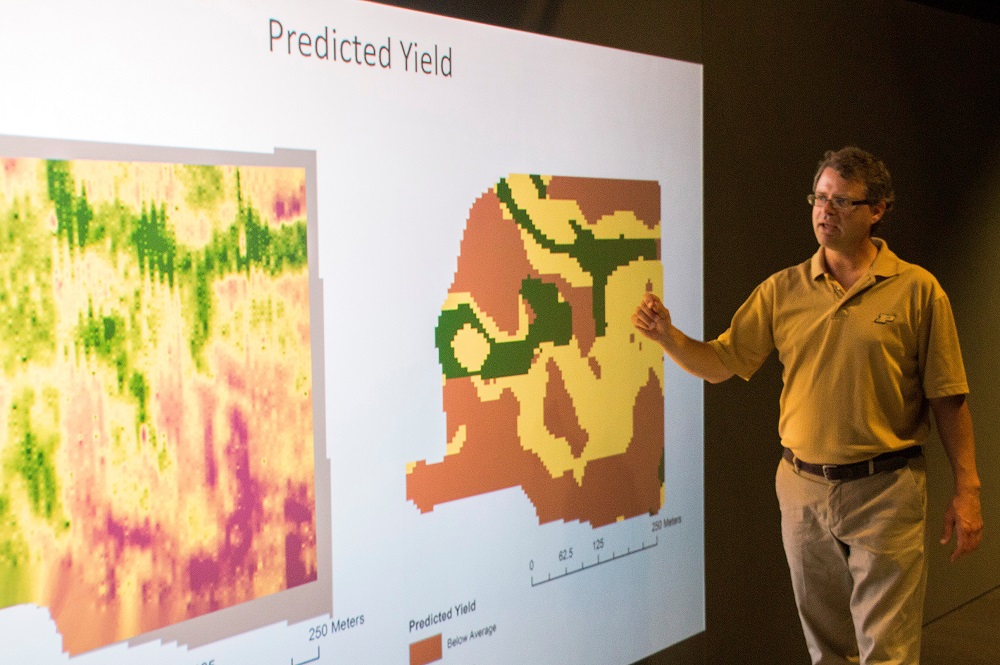 Phillip R. Owens, Purdue University associate professor of agronomy, demonstrates how a farmer's field can be mapped to show predicted crop yield with his technology. His functional soil mapping technology is available for licensing and developing through the Purdue Office of Technology Commercialization. Phillip R. Owens, Purdue University associate professor of agronomy, demonstrates how a farmer's field can be mapped to show predicted crop yield with his technology. His functional soil mapping technology is available for licensing and developing through the Purdue Office of Technology Commercialization.