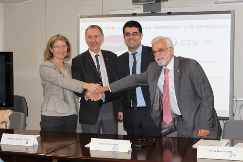 De izquierda a derecha en la foto: PEREGRINA QUINTELA ESTÉVEZ directora ITMATI, FRANCISCO GONZÁLEZ GARCÍA vicerreitor de investigación e innovación USC. presidente ITMATI , MANUEL VARELA REY director Axencia Galega de Innovación presidente CESGA, JAVIER GARCÍA TOBÍO director xerente CESGA CESGA, ITMATI collaborate in project of transfer to industry