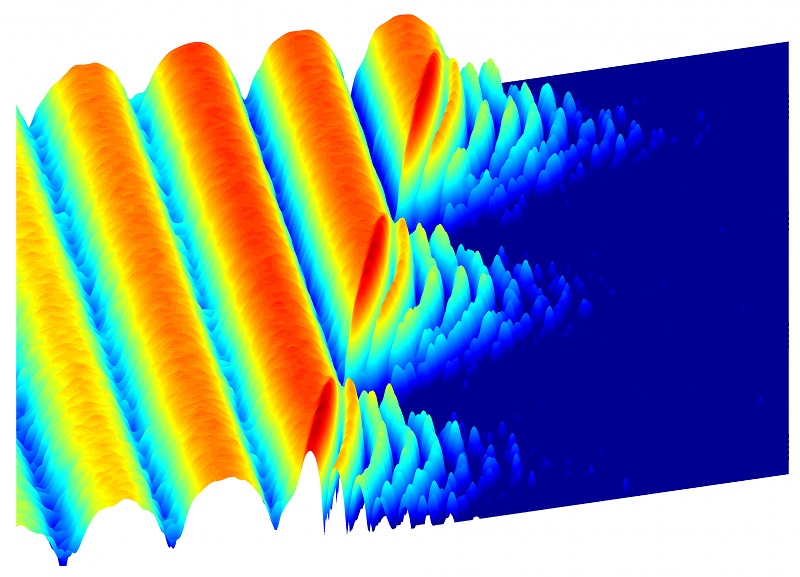 Oscillations of photons create an image of frozen light. At first, photons in the experiment flow easily between two superconducting sites, producing the large waves shown at left. After a time, the scientists cause the light to 'freeze,' trapping the photons in place. Fast oscillations on the right of the image are evidence of the new trapped behavior. Oscillations of photons create an image of frozen light. At first, photons in the experiment flow easily between two superconducting sites, producing the large waves shown at left. After a time, the scientists cause the light to 'freeze,' trapping the photons in place. Fast oscillations on the right of the image are evidence of the new trapped behavior.